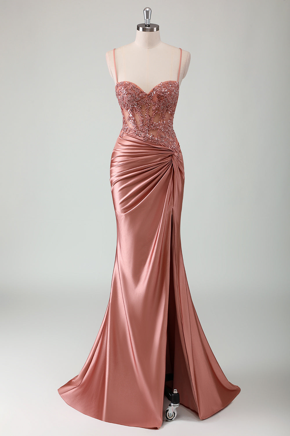 Dusty Rose Mermaid Spaghetti Straps Sweetheart Prom Dress with Slit