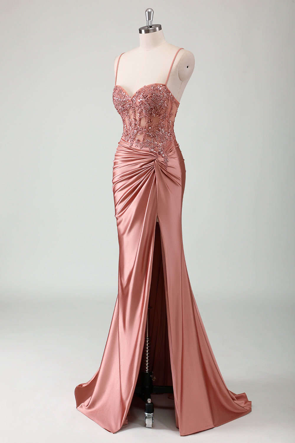 Dusty Rose Mermaid Spaghetti Straps Sweetheart Prom Dress with Slit