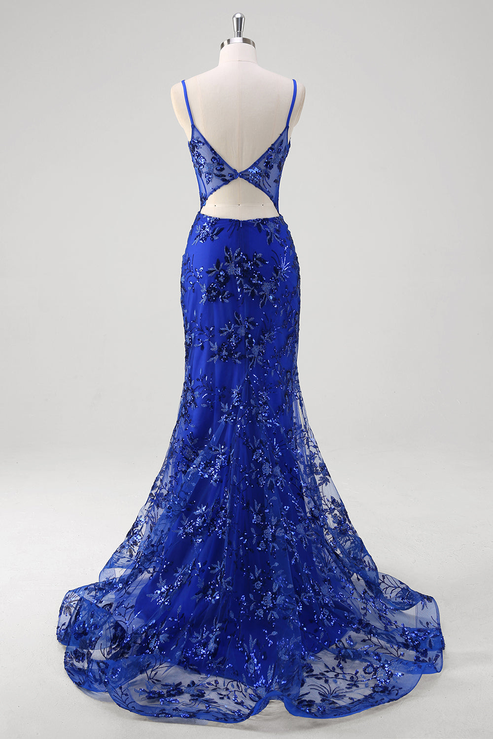 Sparkly Mermaid Royal Blue Spaghetti Straps Corset Sequin Long Prom Dress with Embroidery