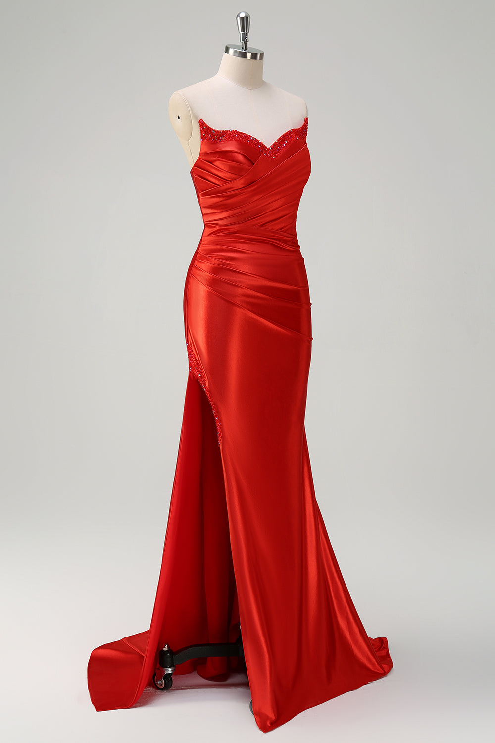 Sparkly Red Mermaid Beaded Strapless Long Prom Dress with Slit