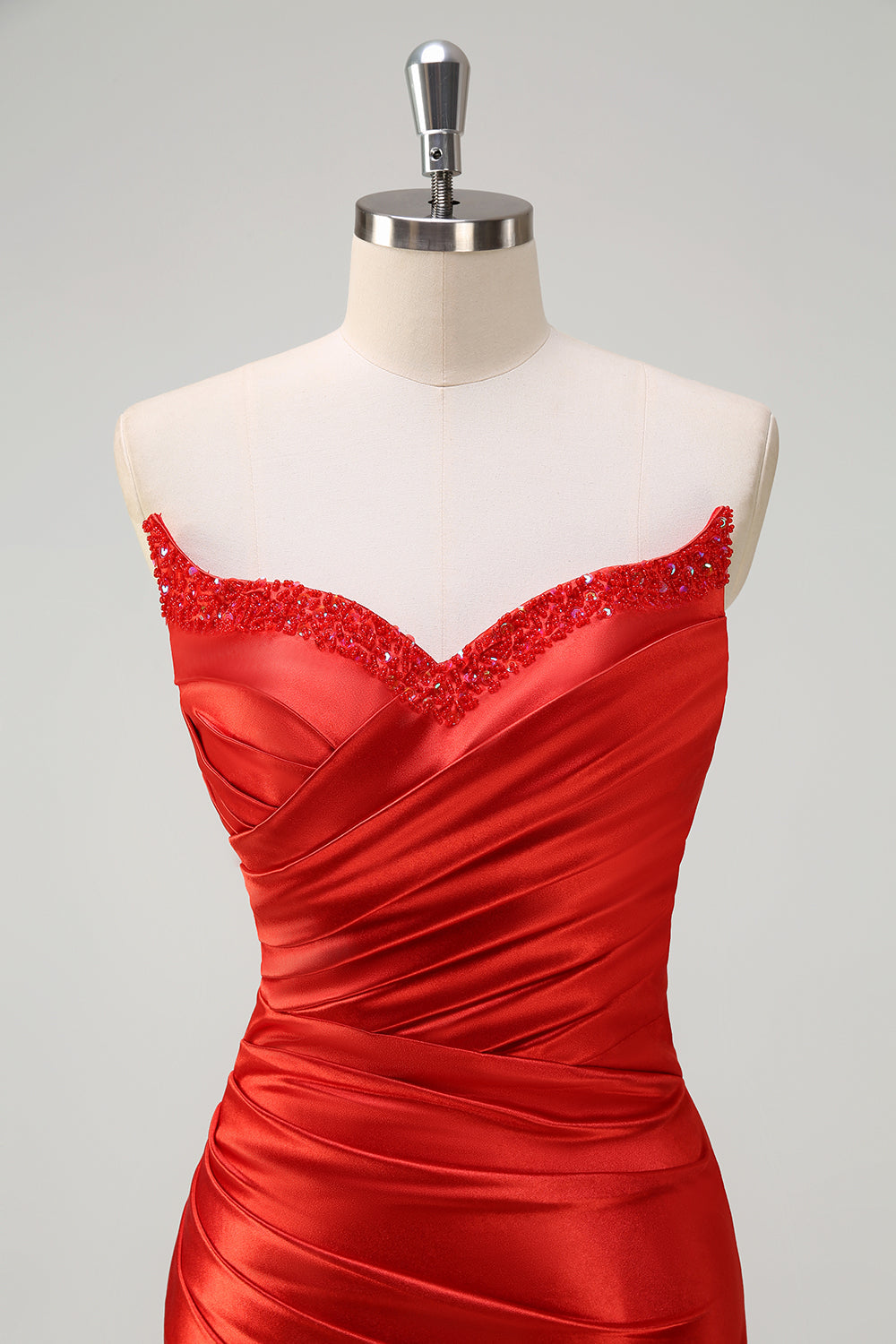 Sparkly Red Mermaid Beaded Strapless Long Prom Dress with Slit