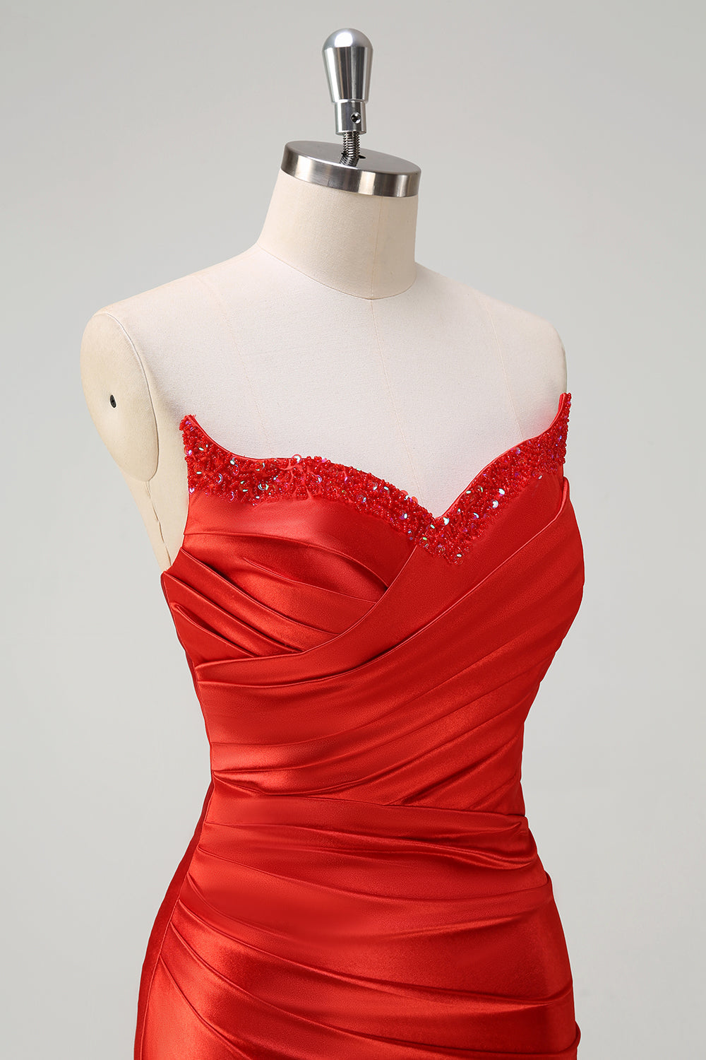 Sparkly Red Mermaid Beaded Strapless Long Prom Dress with Slit