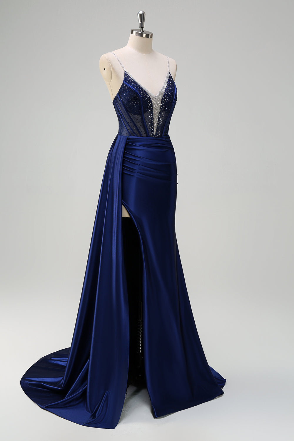 Navy Beaded Mermaid Spaghetti Straps Long Prom Dress with Slit