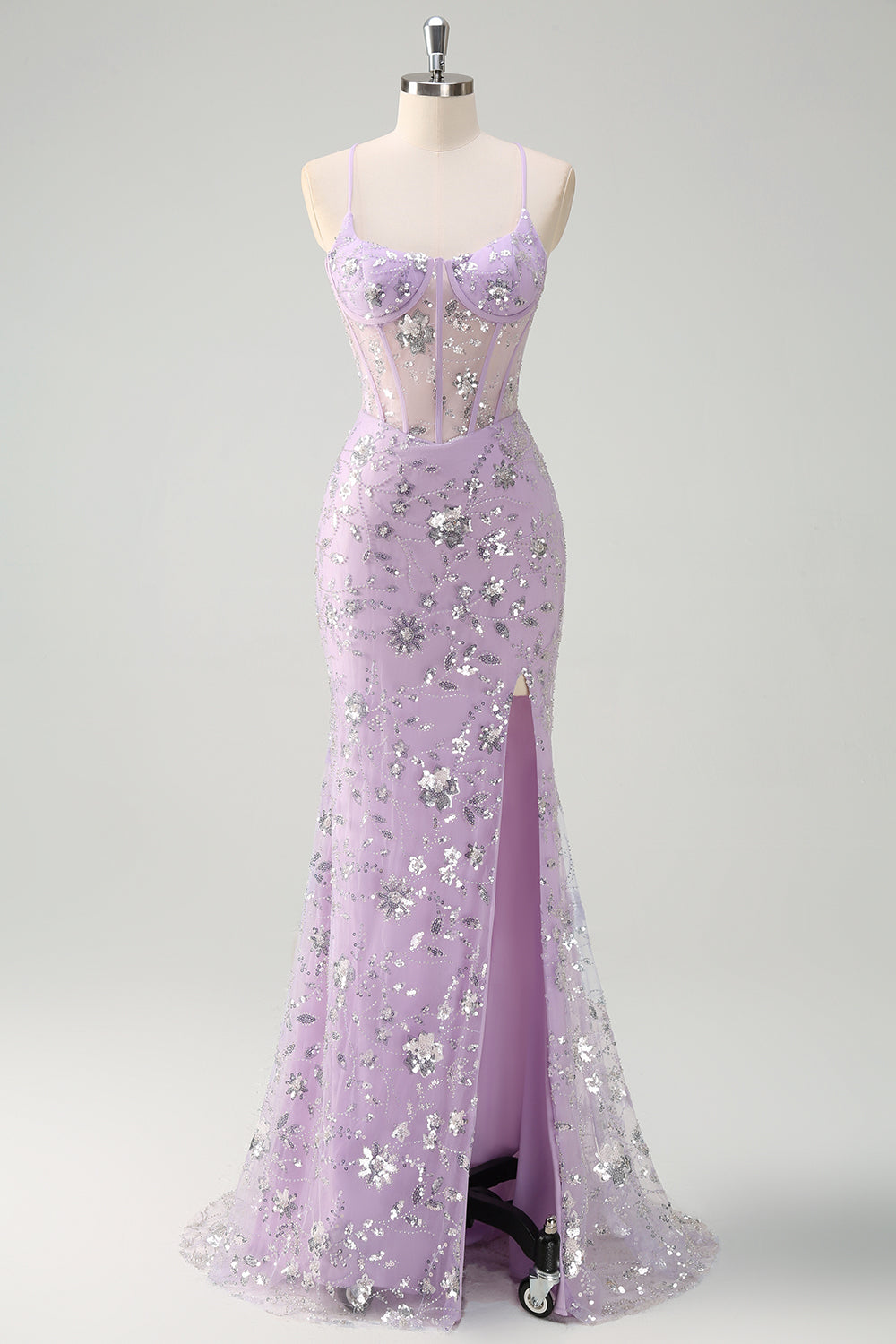 Lilac Mermaid Spaghetti Straps Corset Sequin Prom Dress with Slit