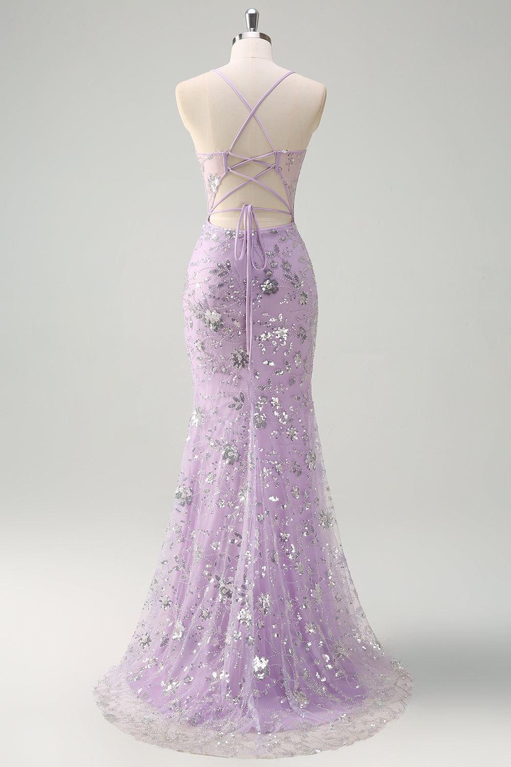 Sparkly Lilac Mermaid Spaghetti Straps Prom Dress with Slit