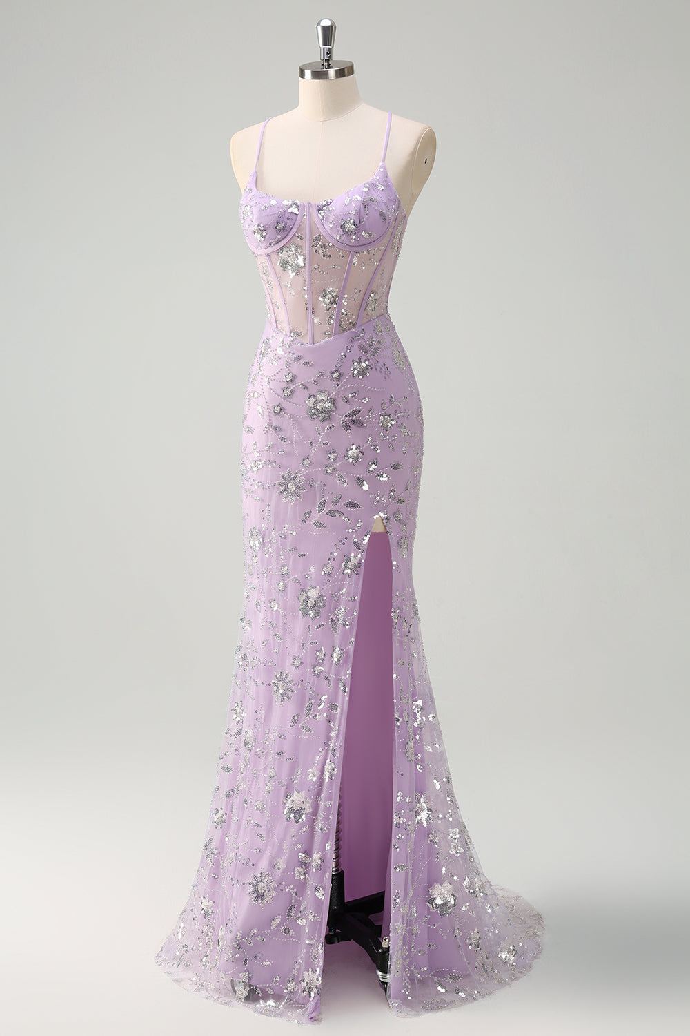 Sparkly Lilac Mermaid Spaghetti Straps Prom Dress with Slit