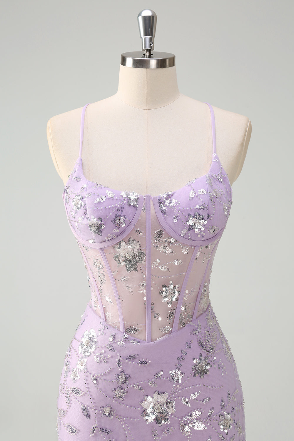 Sparkly Lilac Mermaid Spaghetti Straps Prom Dress with Slit