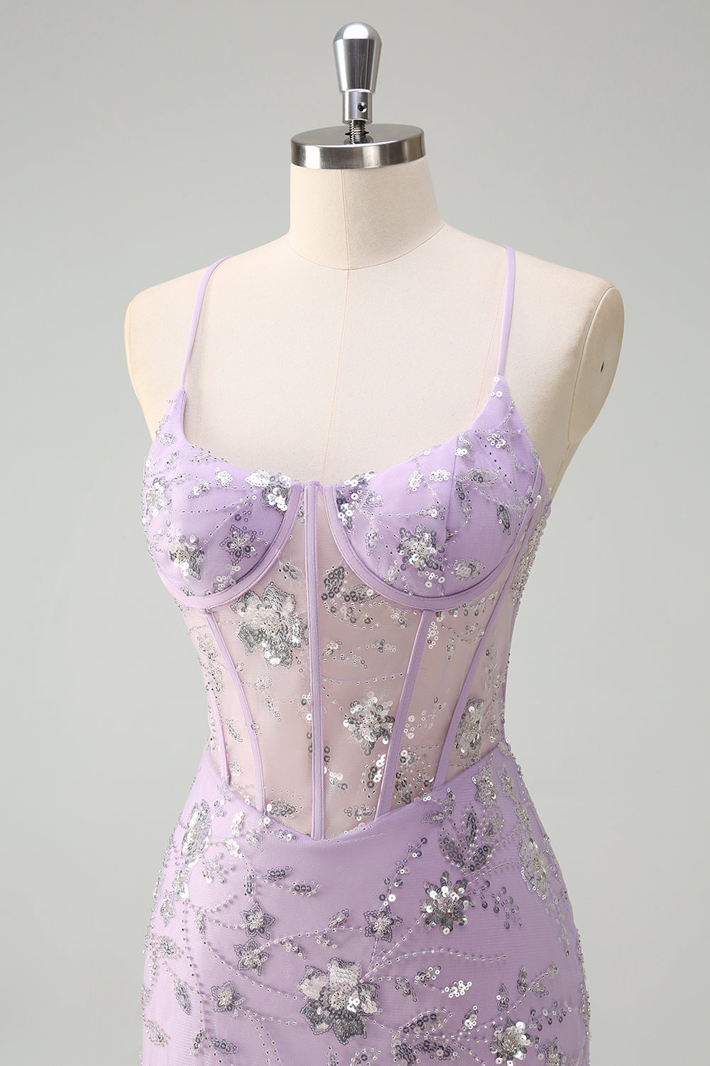 Sparkly Lilac Mermaid Spaghetti Straps Prom Dress with Slit