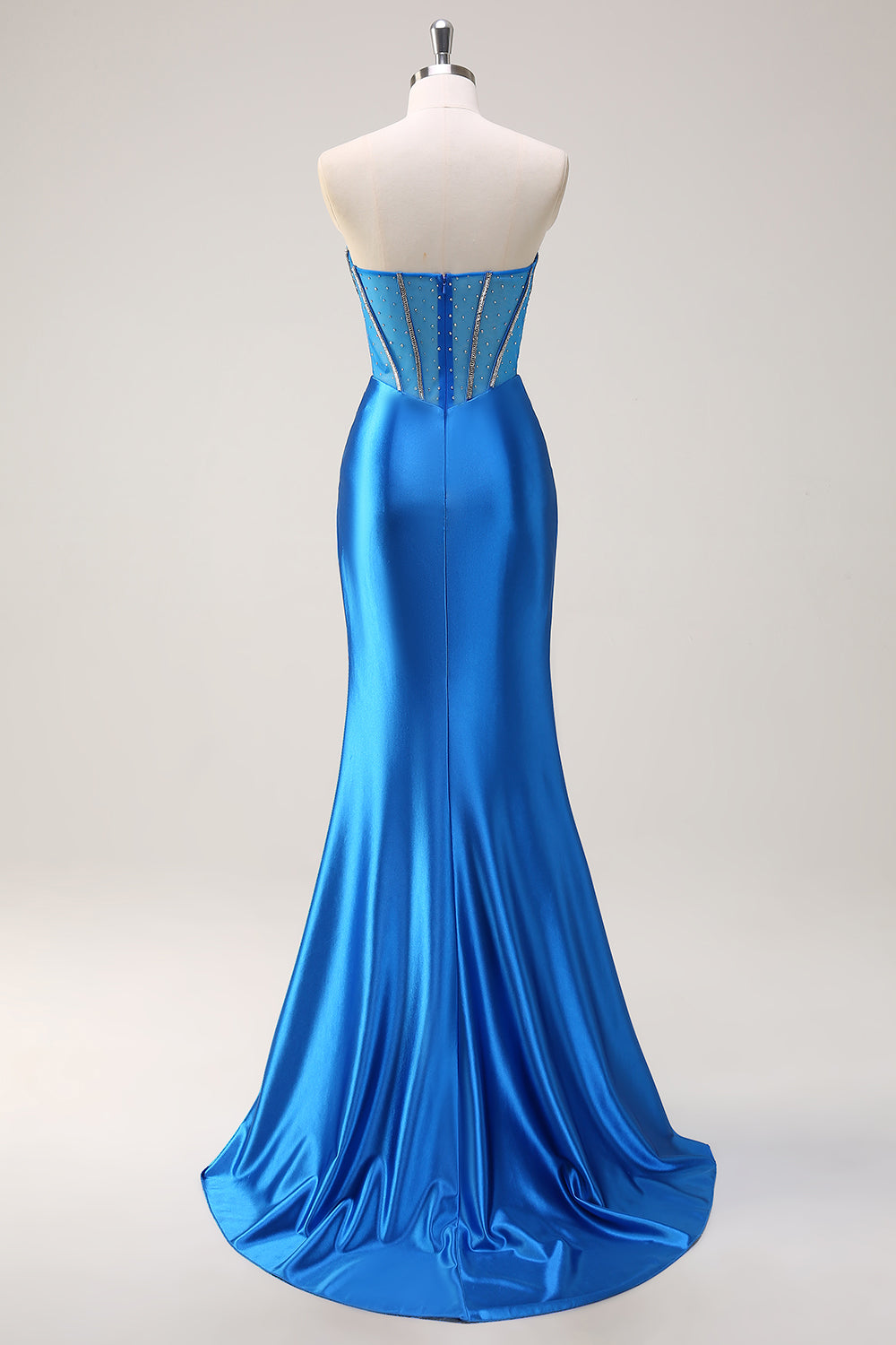 Blue Mermaid Strapless Beaded Corset Prom Dress with Slit