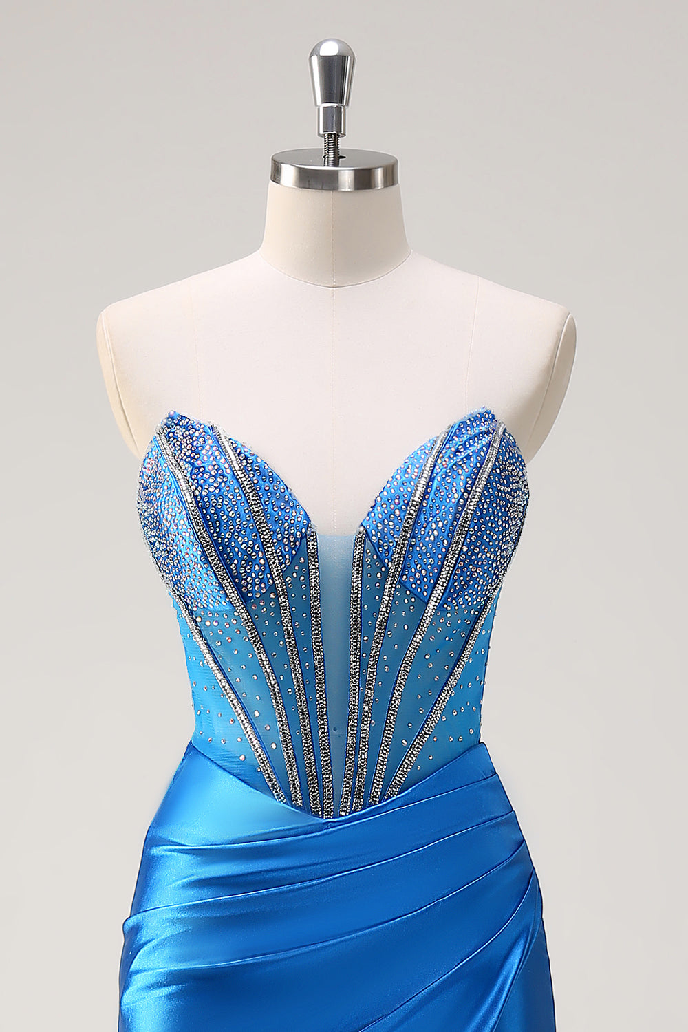 Blue Mermaid Beaded Sweetheart Long Prom Dress with Slit