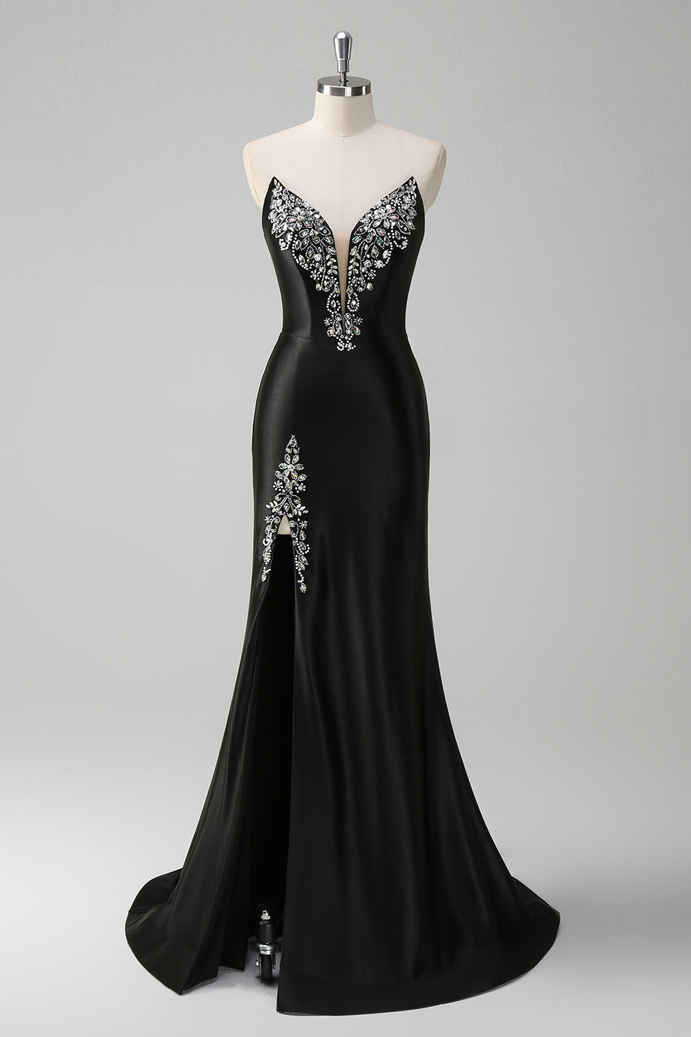 Black Mermaid V Neck Strapless Long Prom Dress with Beading