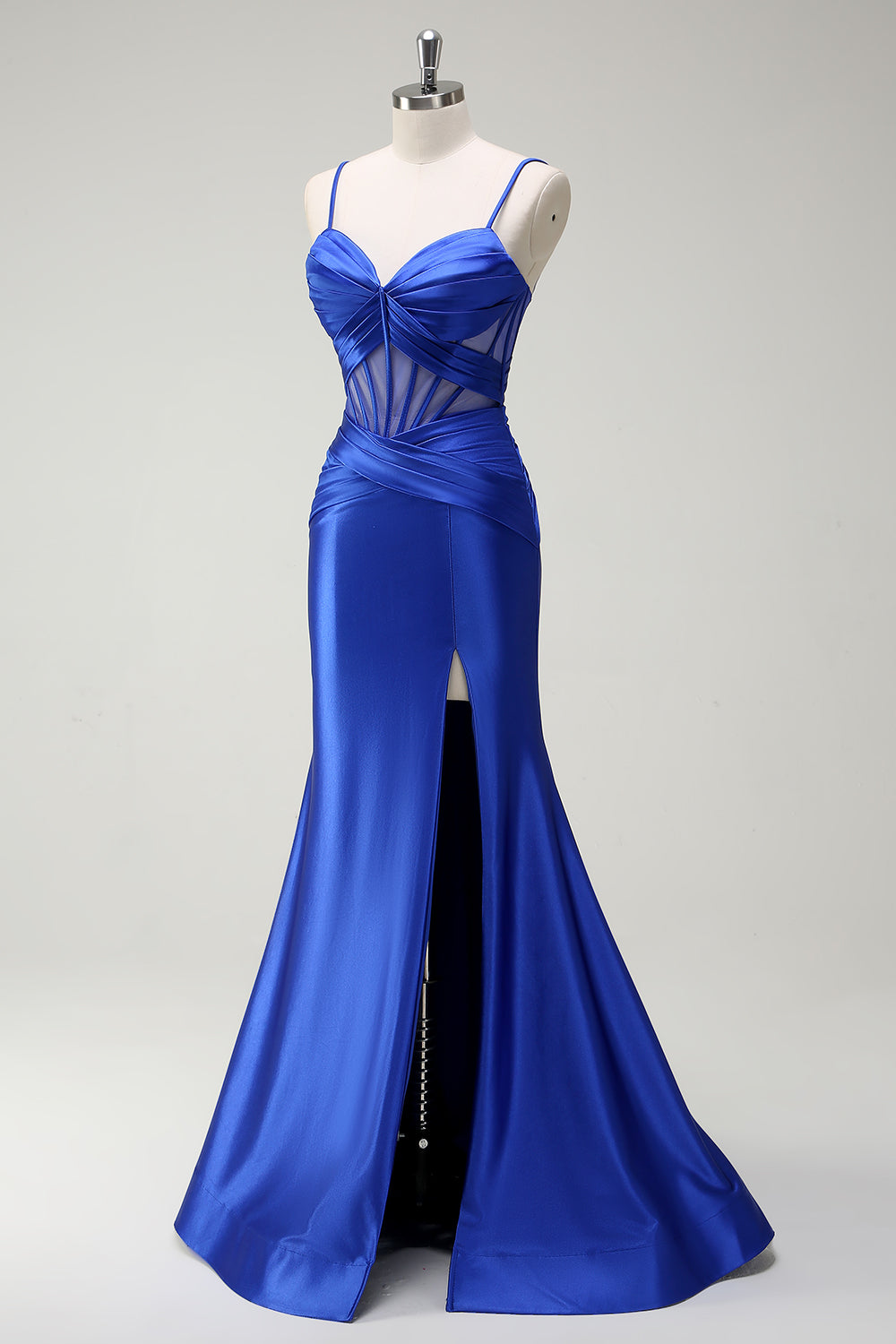 Royal Blue Spaghetti Straps Mermaid Long Prom Dress with Slit