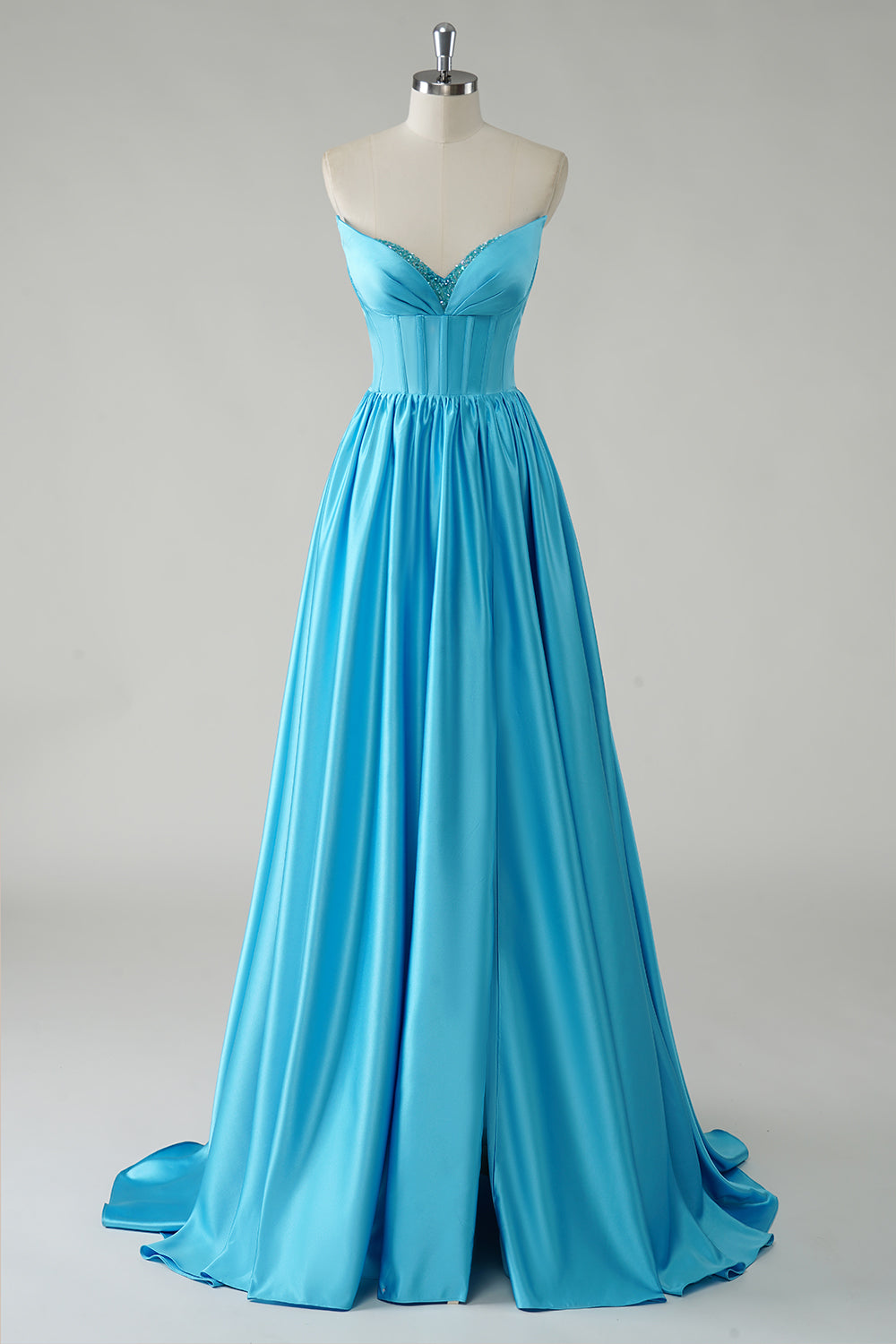 Blue Satin A Line Corset Prom Dress with Slit