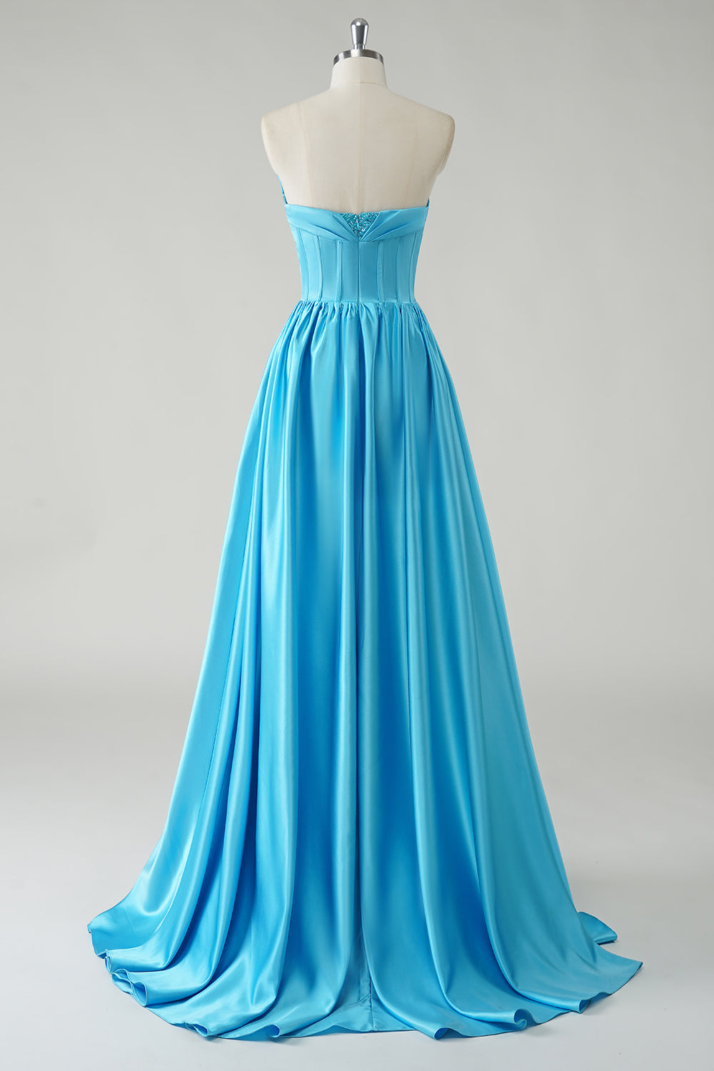 Blue Satin A Line Corset Prom Dress with Slit