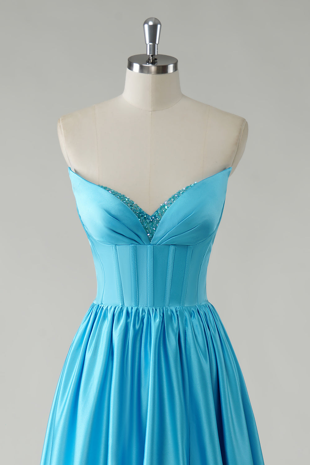 Blue Satin A Line Corset Prom Dress with Slit