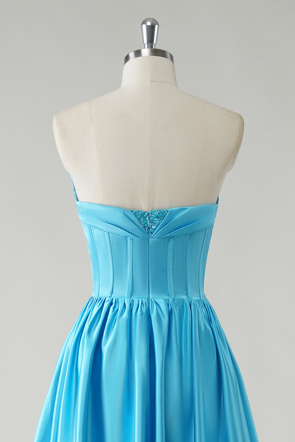 Blue Satin A Line Corset Prom Dress with Slit