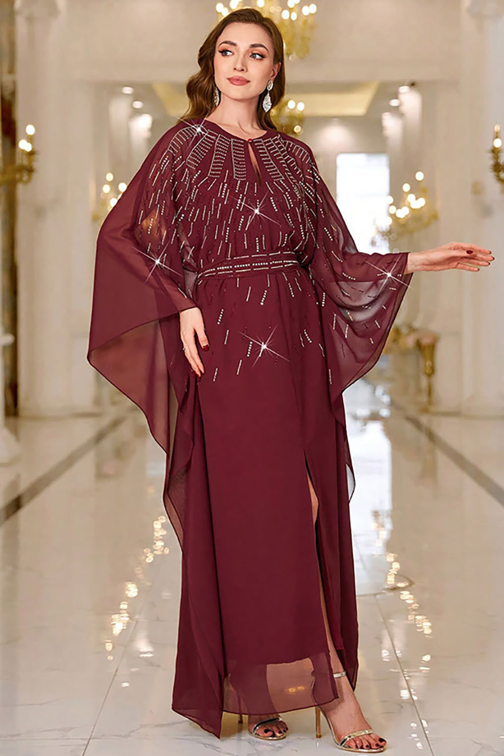 Sparkly Burgundy A Line Round Neck Long Sleeves Prom Dress