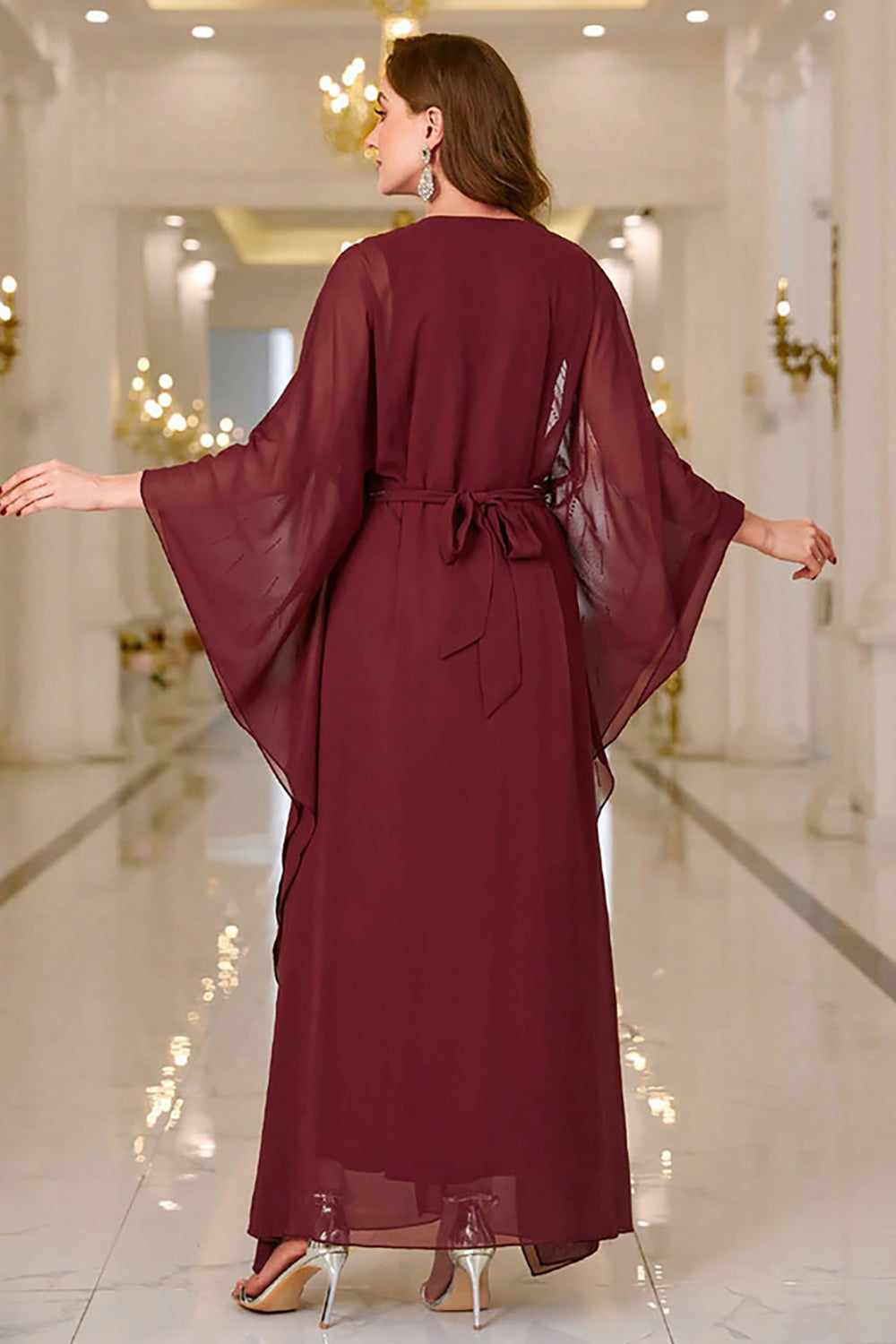 Sparkly Burgundy A Line Round Neck Long Sleeves Prom Dress