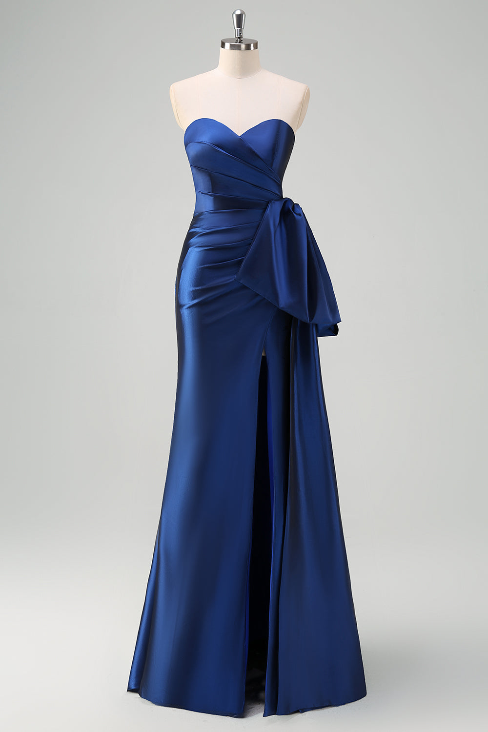 Dark Blue Mermaid Sweetheart Satin Prom Dress with Bow