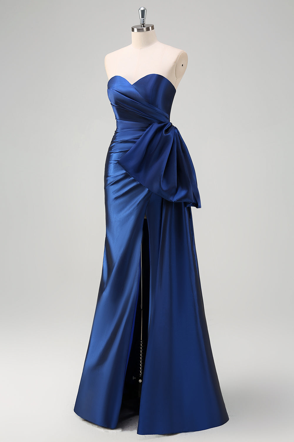 Dark Blue Mermaid Sweetheart Satin Prom Dress with Bow