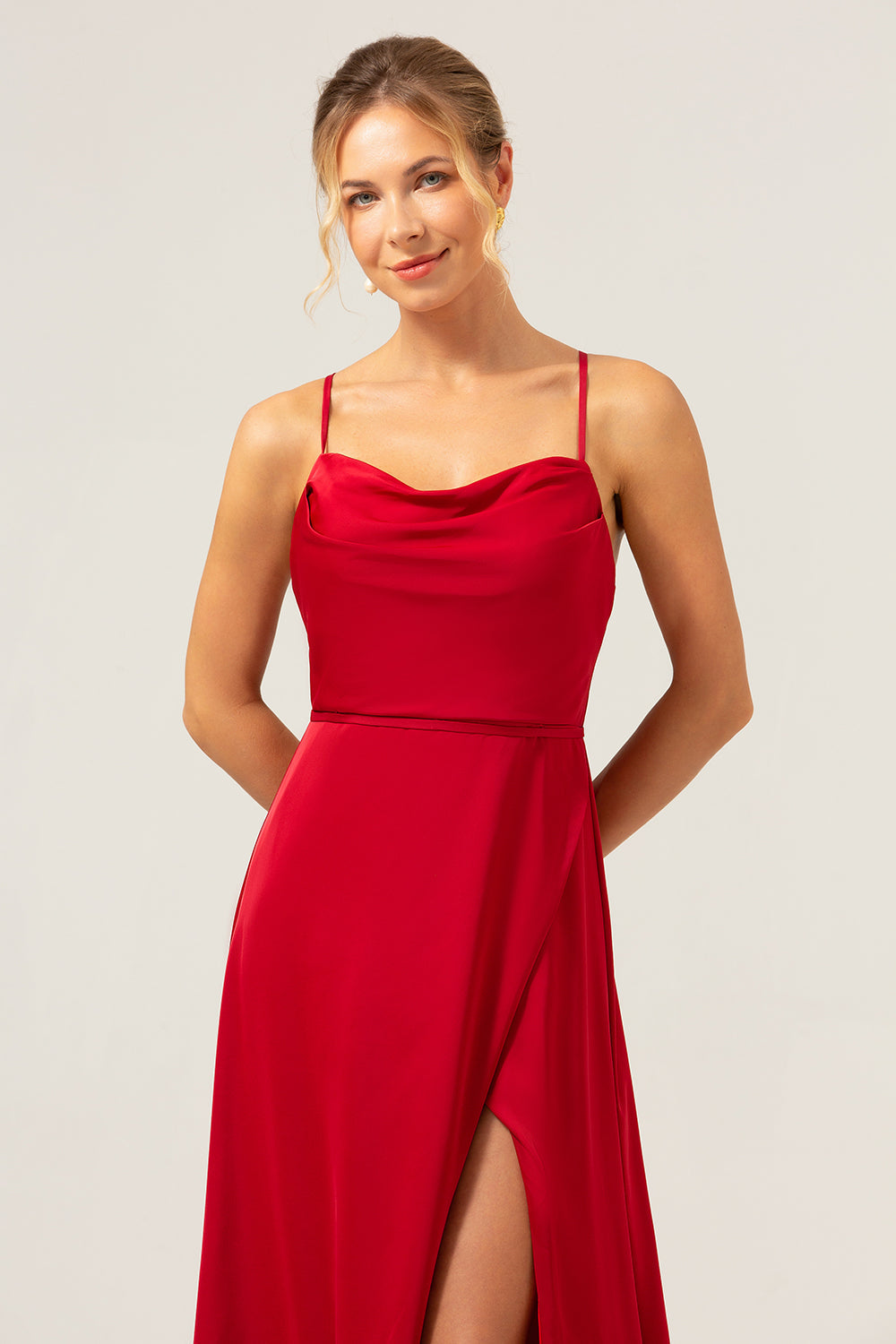 Burgundy A Line Spaghetti Straps Backless Satin Long Bridesmaid Dress with Slit