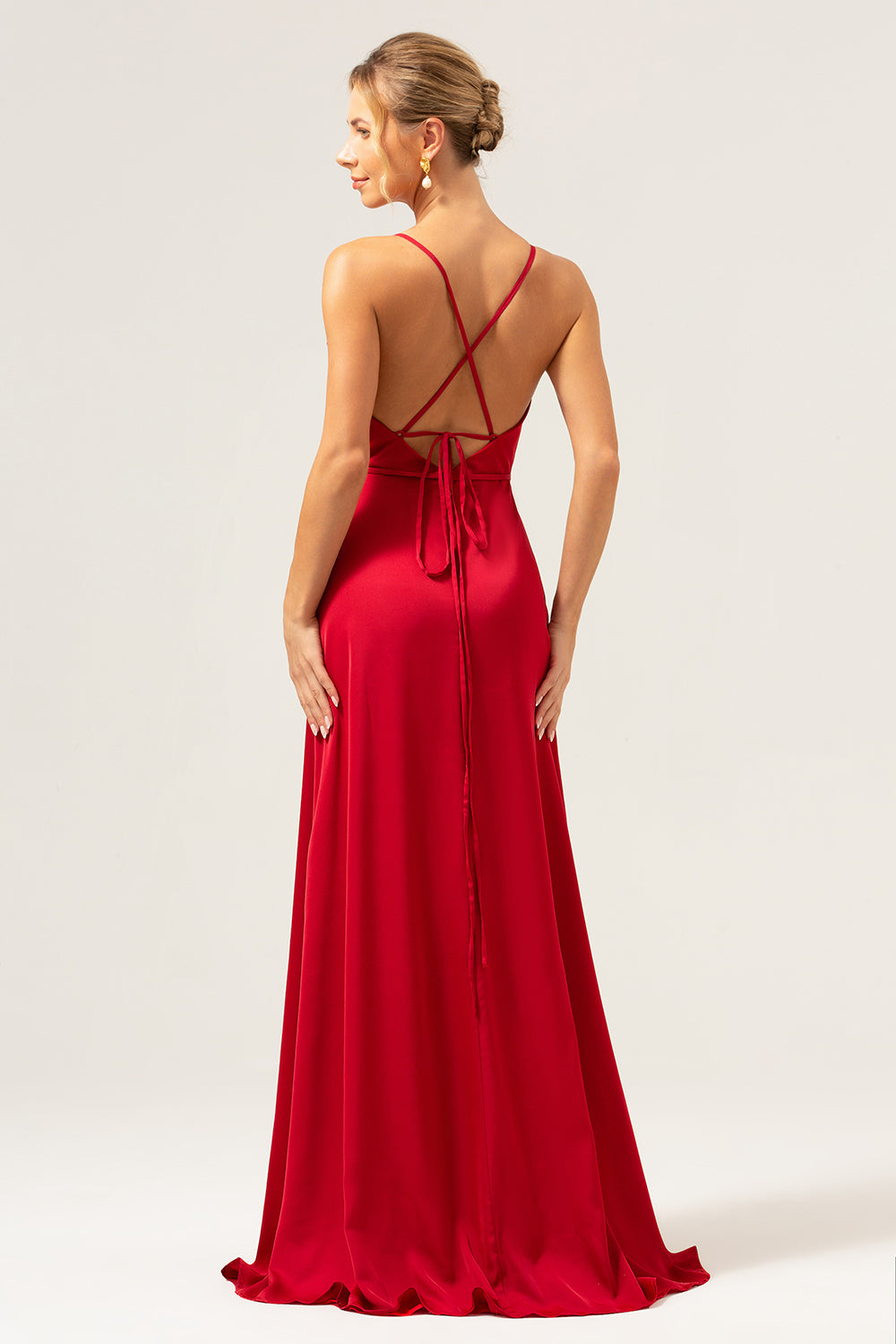 Swing Collar Burgundy Spaghetti Straps Long Bridesmaid Dress with Slit