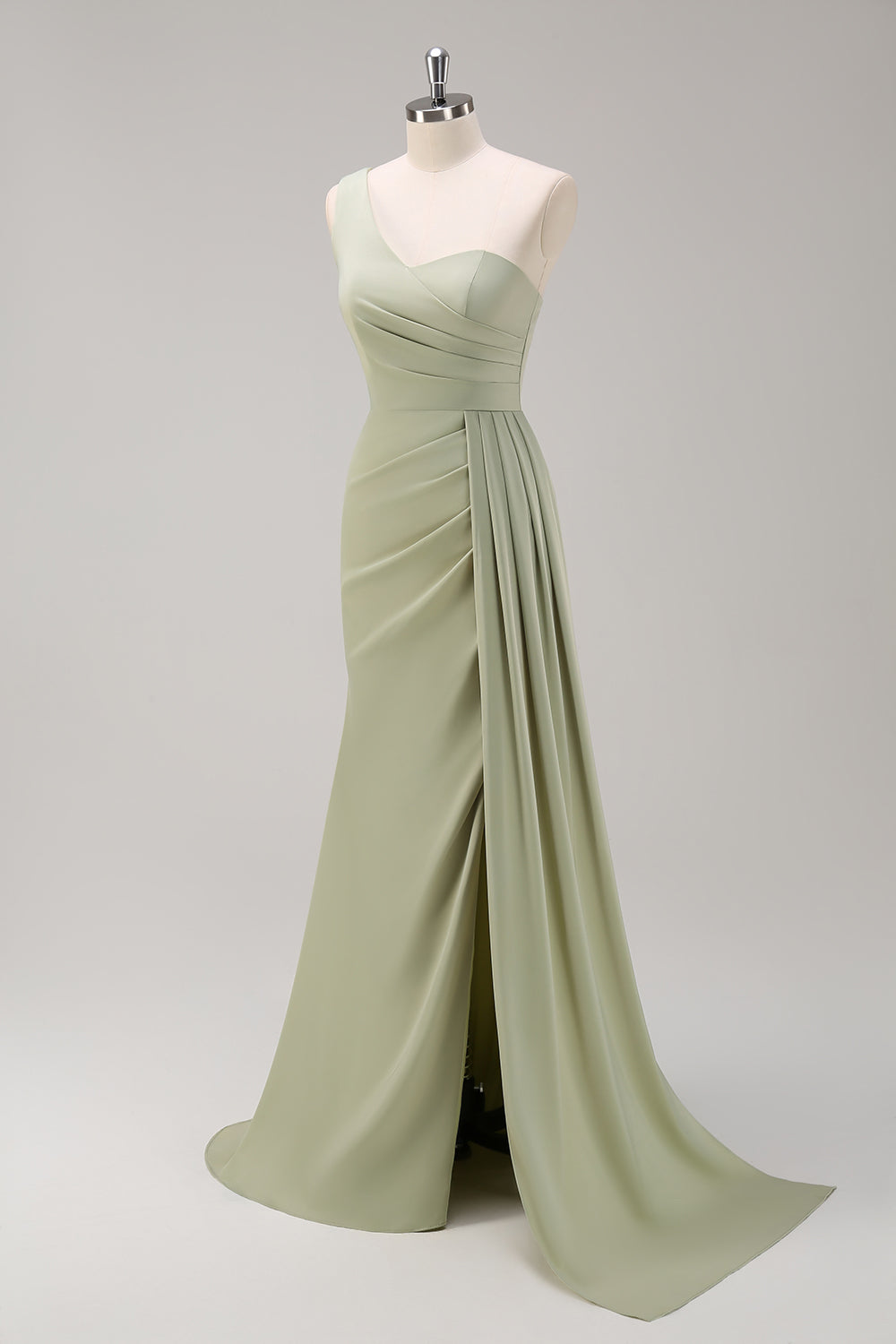 One Shoulder Sage Long Prom Dress with Slit