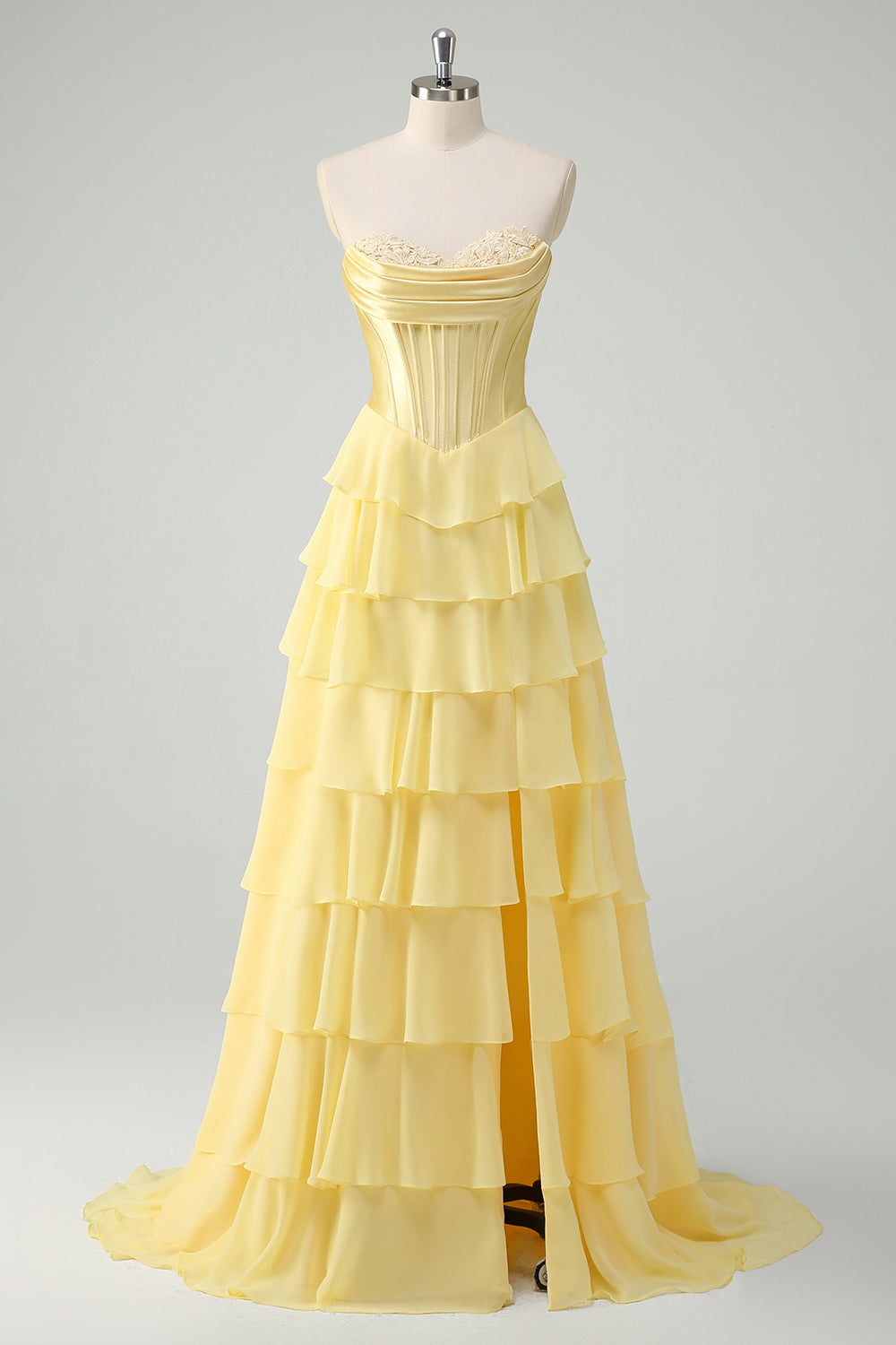 Yellow A-Line Tiered Sweetheart Long Prom Dress with Slit