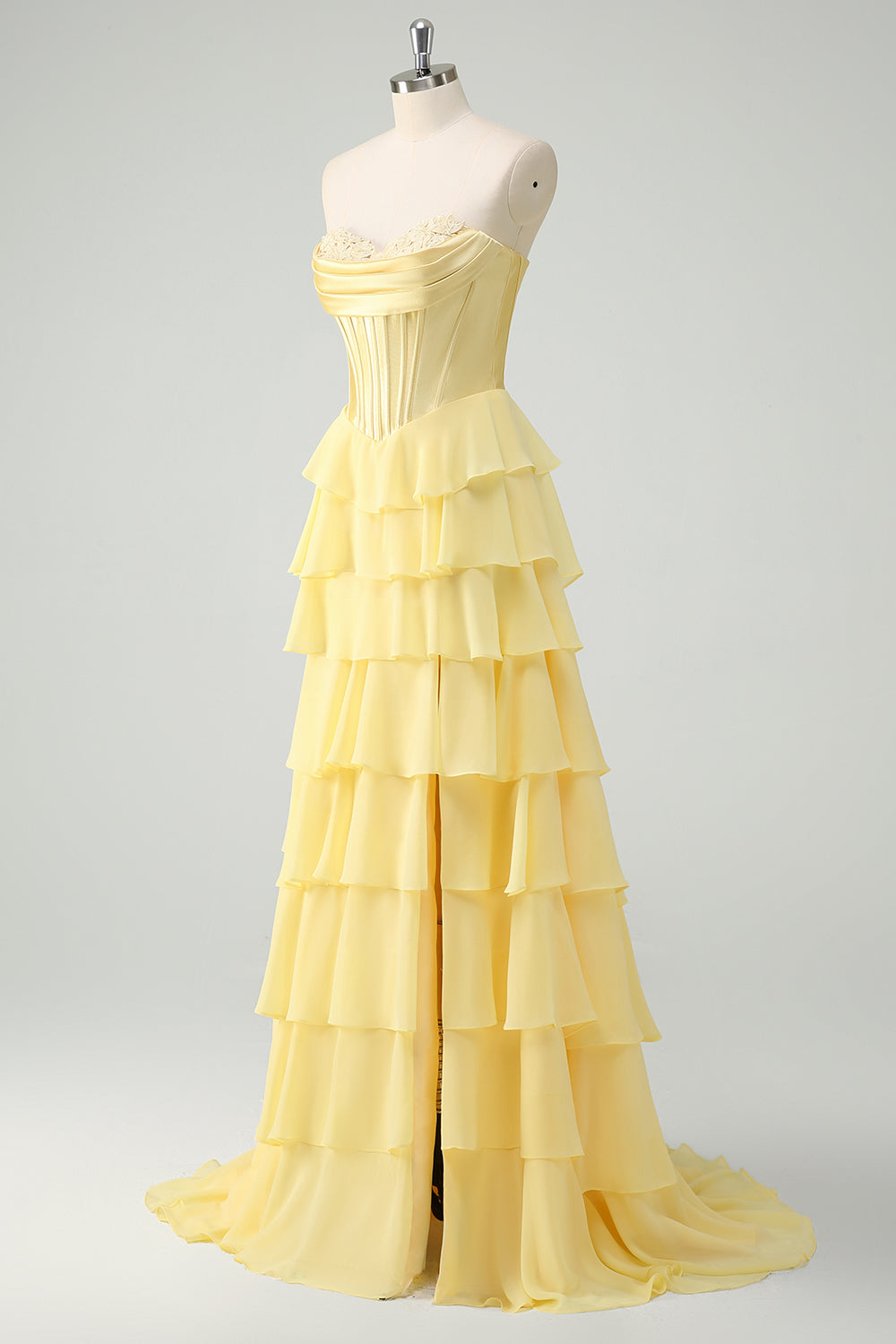 Yellow A-Line Tiered Sweetheart Long Prom Dress with Slit