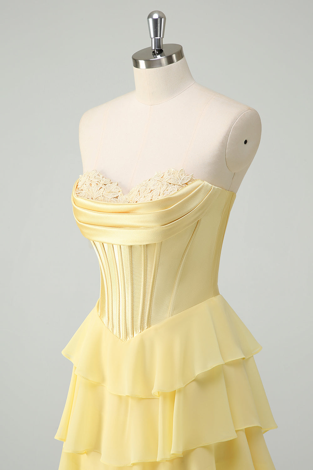 Yellow A-Line Tiered Sweetheart Long Prom Dress with Slit