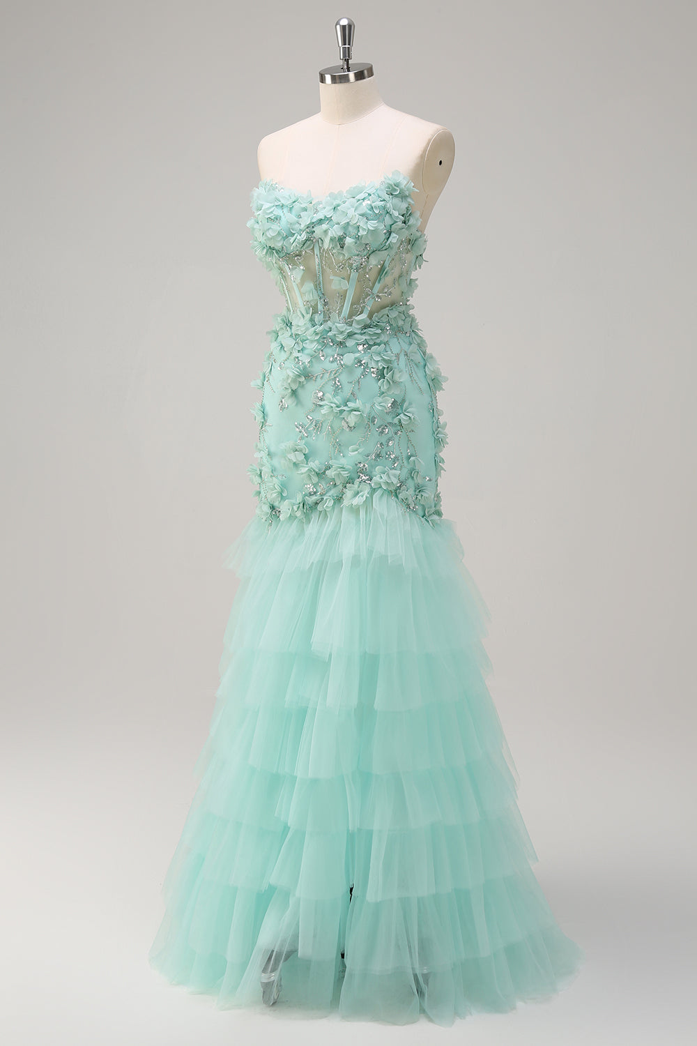 Green Floral Mermaid Tiered Sweetheart Long Prom Dress