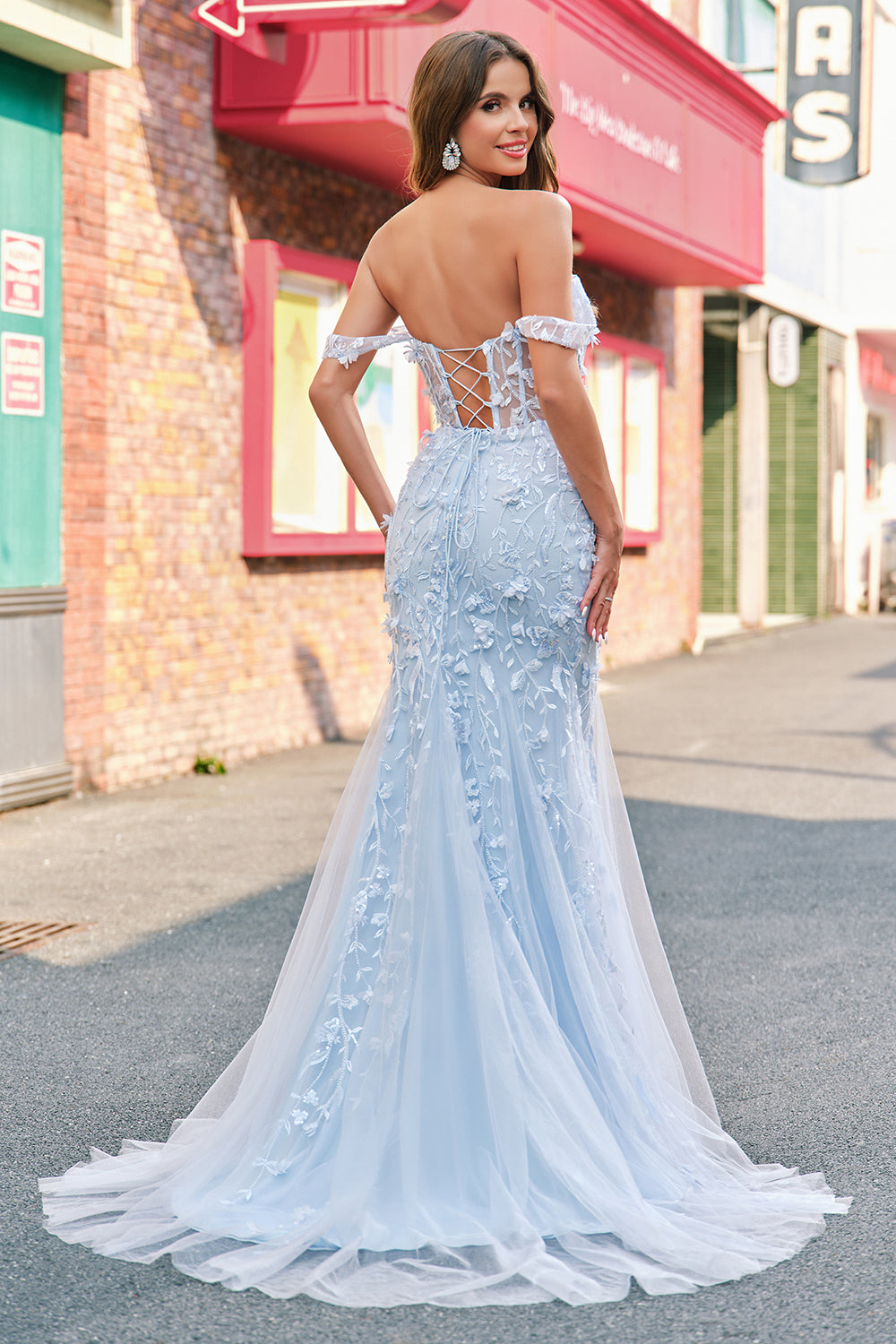 Floral Off The Shoulder Blue Corset Long Prom Dress with Appliques