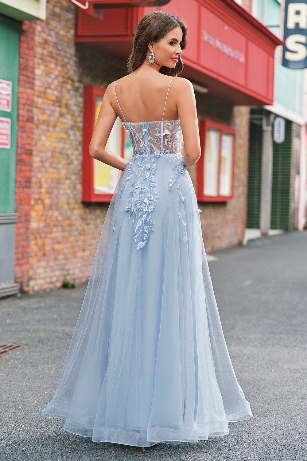 A-Line Blue Applique Spaghetti Straps Tulle Long Prom Dress