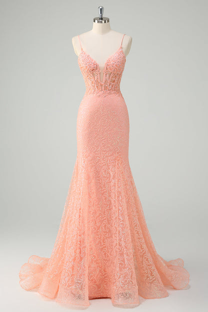 Sparkly Orange Floral Mermaid Spaghetti Straps Long Prom Dress