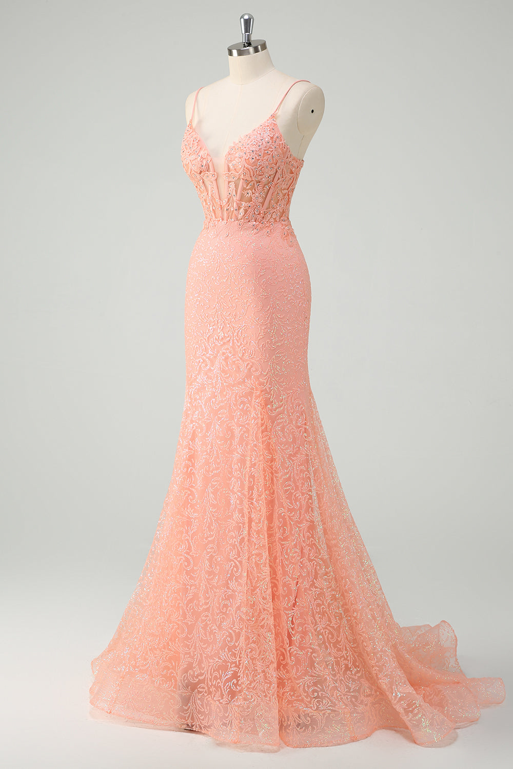 Sparkly Orange Floral Mermaid Spaghetti Straps Long Prom Dress
