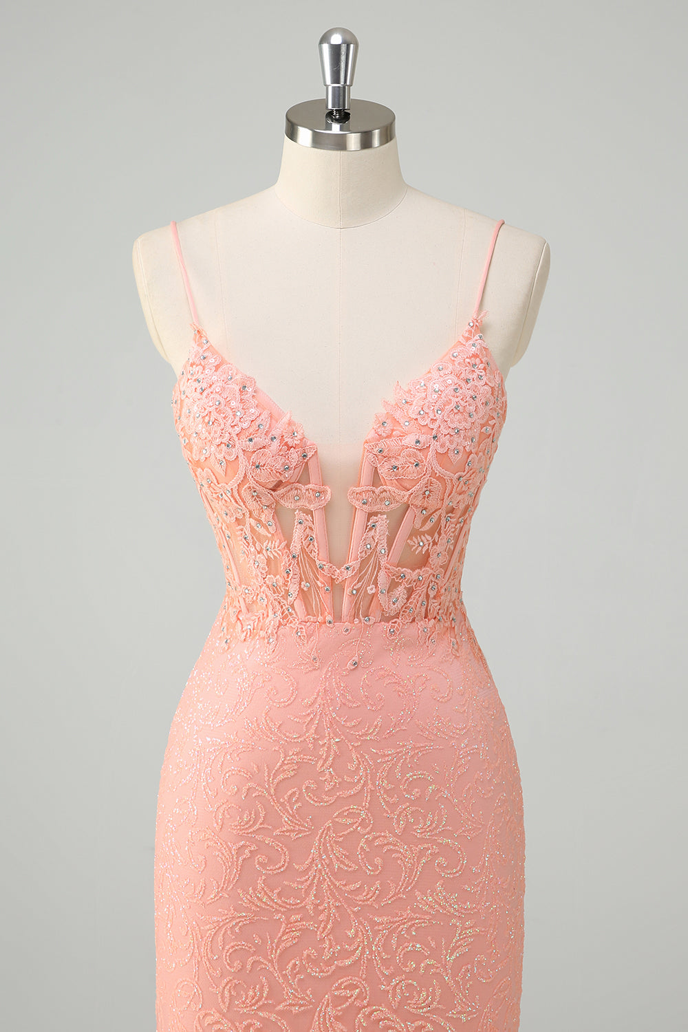 Sparkly Orange Floral Mermaid Spaghetti Straps Long Prom Dress