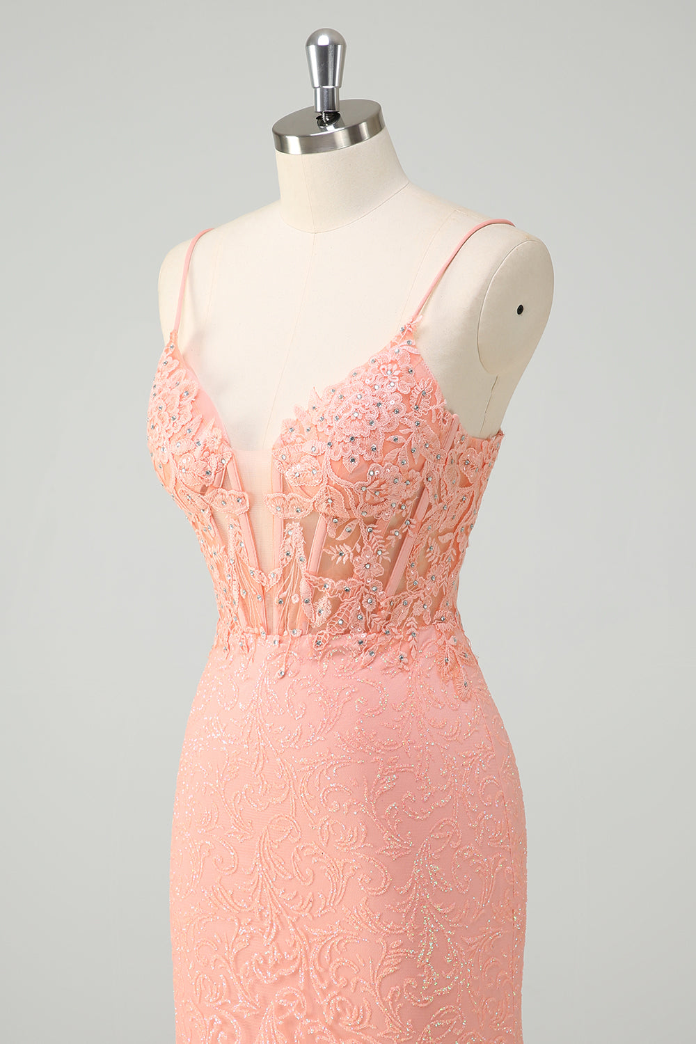 Sparkly Orange Floral Mermaid Spaghetti Straps Long Prom Dress