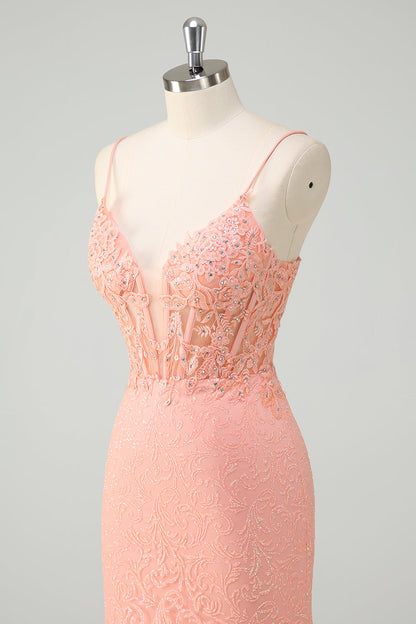 Sparkly Orange Floral Mermaid Spaghetti Straps Long Prom Dress