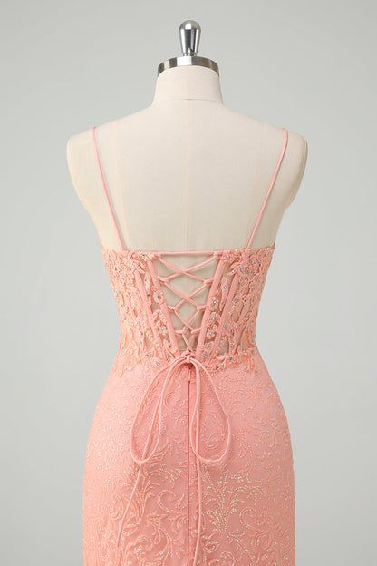 Sparkly Orange Floral Mermaid Spaghetti Straps Long Prom Dress
