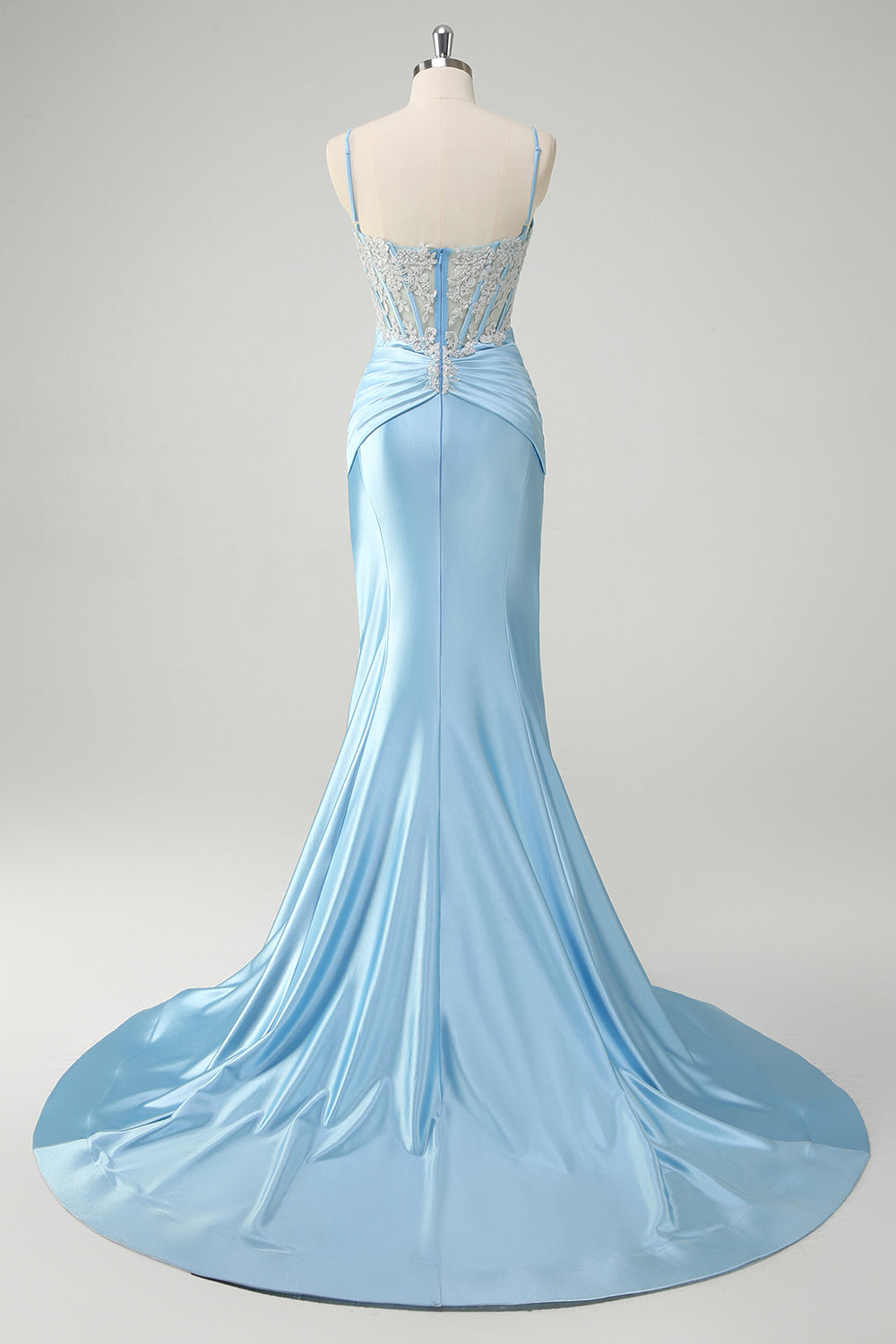 Blue Mermaid Spaghetti Straps Corset Appliqued Prom Dress