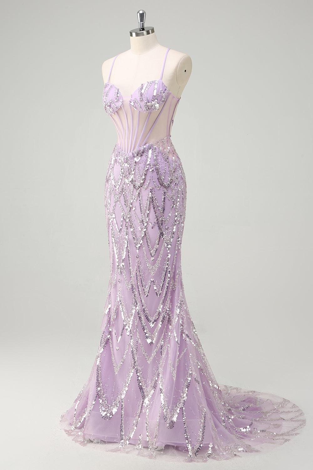 Lilac Sequined Mermaid Spaghetti Straps Long Prom Dress