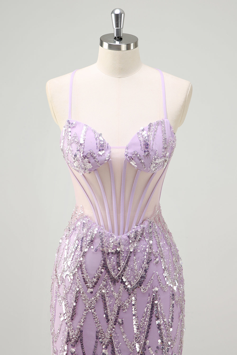 Lilac Sequined Mermaid Spaghetti Straps Long Prom Dress