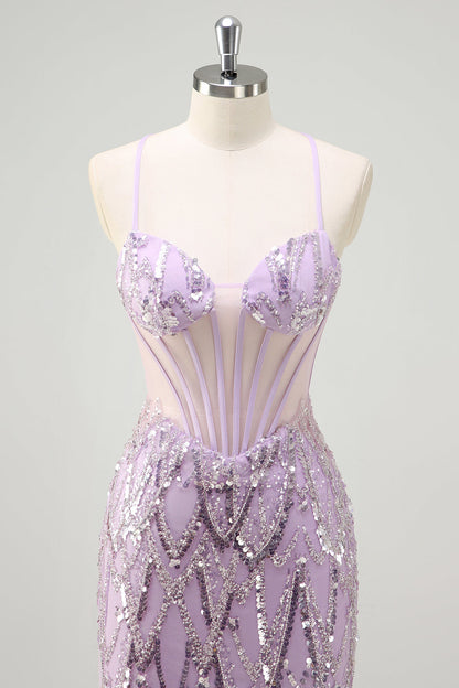 Lilac Sequined Mermaid Spaghetti Straps Long Prom Dress