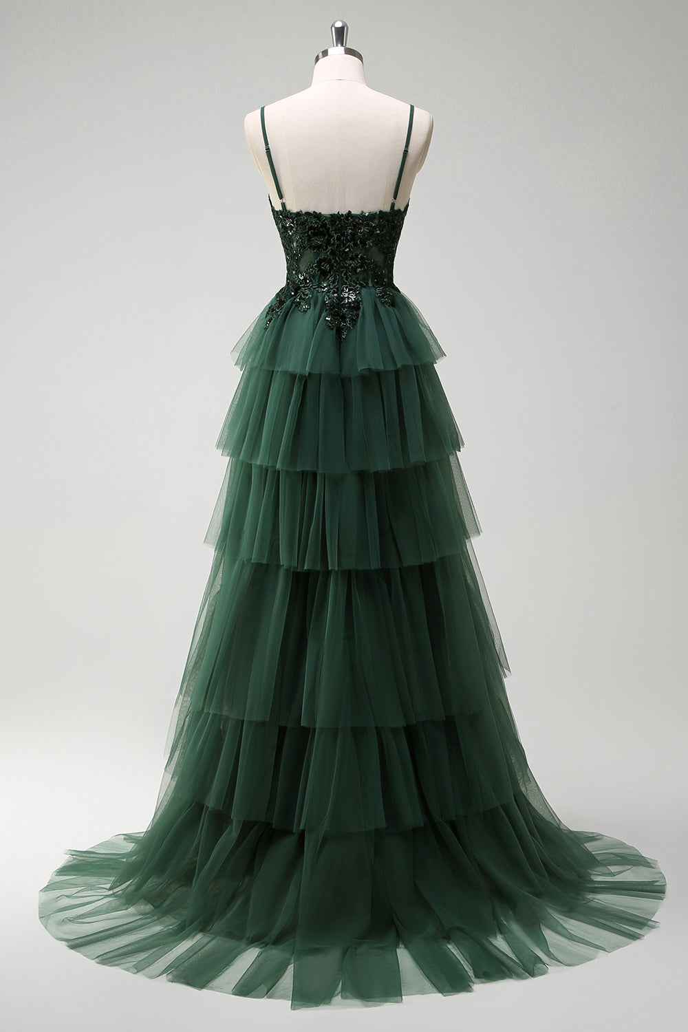 Sparkly Dark Green A-Line Corset Ruffles Appliqued Long Prom Dress with Slit