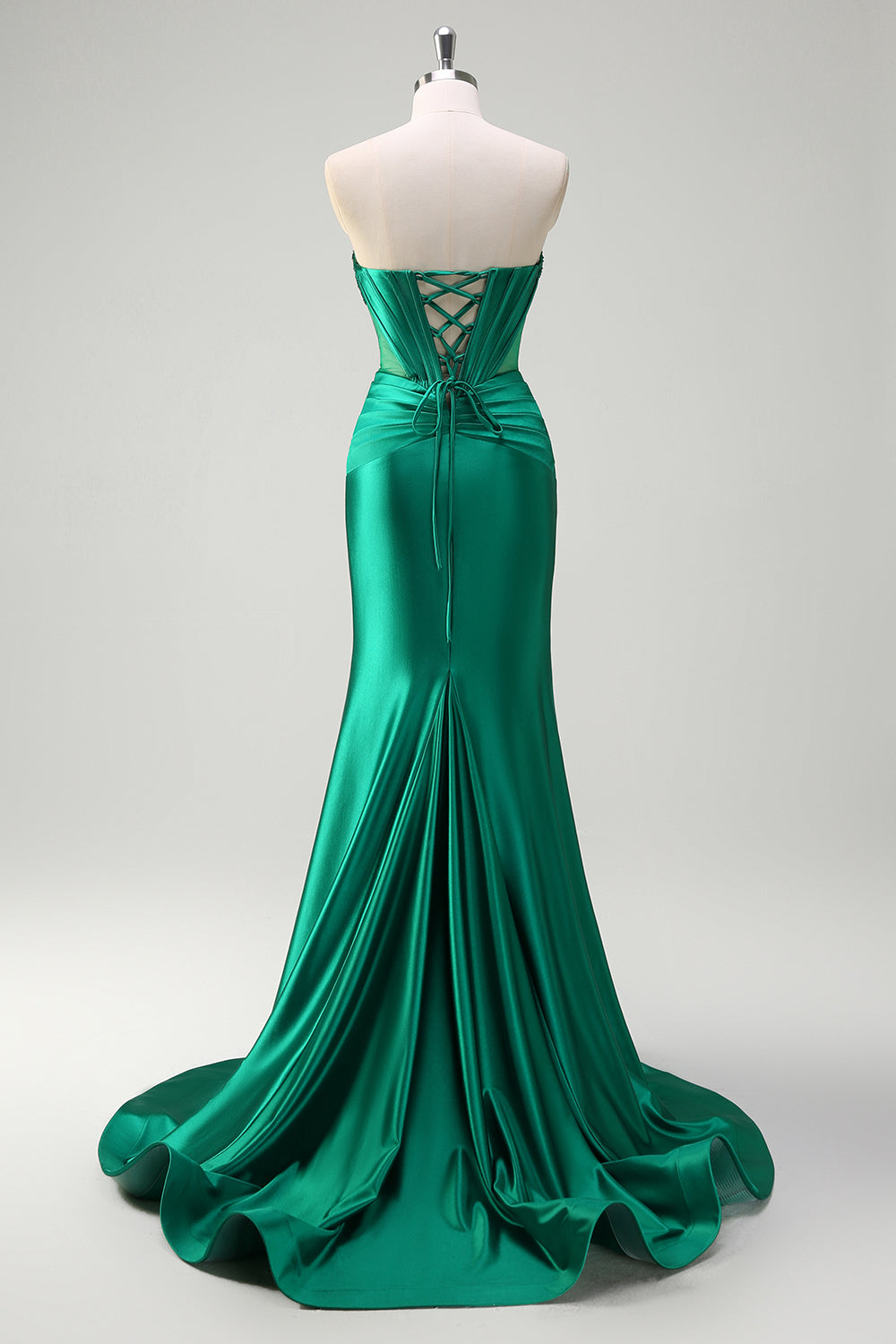 Sparkly Dark Green Mermaid Strapless Beaded Corset Ruched Satin Prom Dress with Slit