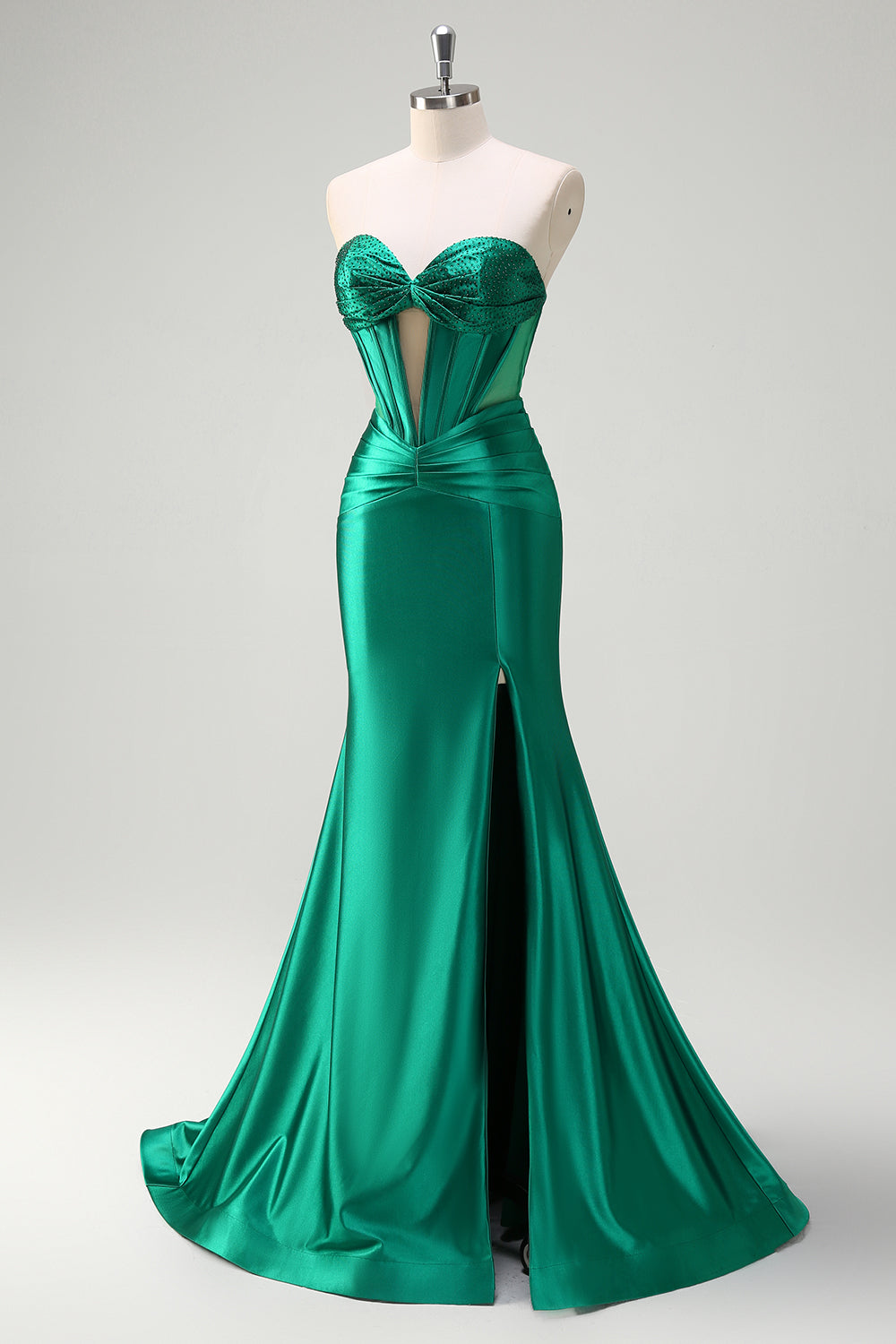 Sparkly Dark Green Mermaid Strapless Beaded Corset Ruched Satin Prom Dress with Slit