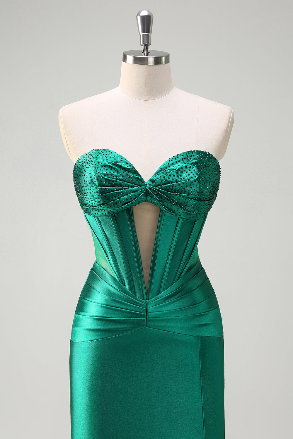 Sparkly Dark Green Mermaid Strapless Beaded Corset Ruched Satin Prom Dress with Slit