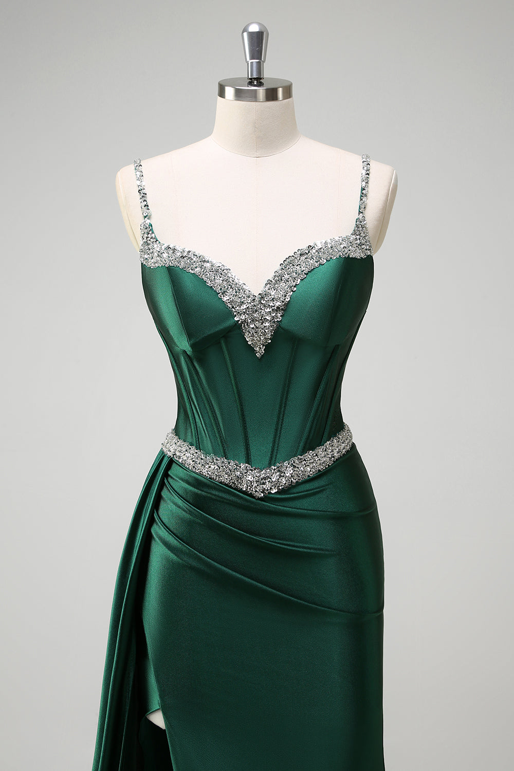 Sparkly Dark Green Mermaid Side Streamer Sequined Corset Satin Prom Dress with Slit