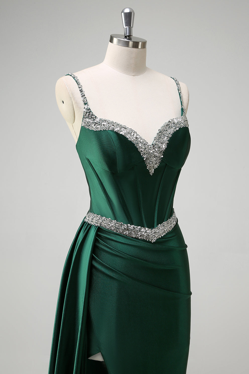 Sparkly Dark Green Mermaid Side Streamer Sequined Corset Satin Prom Dress with Slit