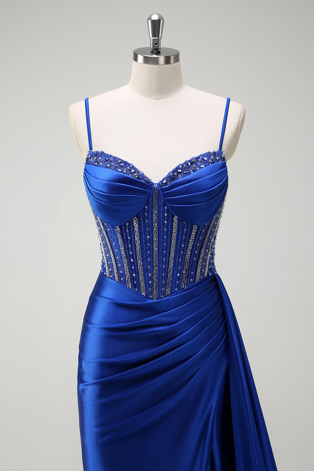 Sparkly Royal Blue Mermaid Beaded Corset Ruched Satin Long Prom Dress with Slit